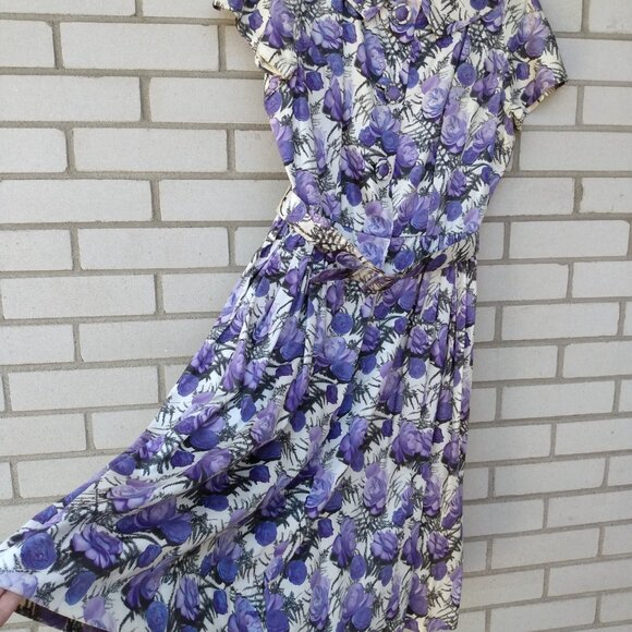 Vintage 50s Purple Rose Dress 42" Bust 28.5" Waist Rockabilly Tea Party 60s - Picture 6 of 16